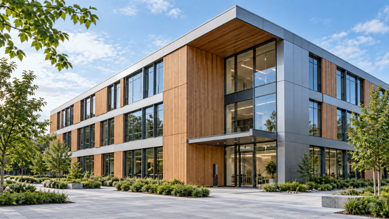 bürogebäude moderne fassade aus holz, aluminium und glas
